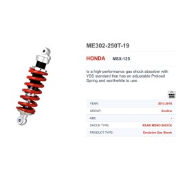 Rear Shock Absorber YSS MB302 Honda MSX GROM 125